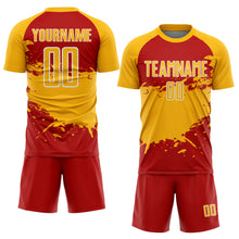 Загрузить изображение в средство просмотра галереи, Custom Gold Red-White Splash Color Block Sublimation Soccer Uniform Jersey
