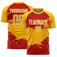 Загрузить изображение в средство просмотра галереи, Custom Gold Red-White Splash Color Block Sublimation Soccer Uniform Jersey
