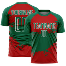 Charger l'image dans la galerie, Custom Kelly Green Red-White Splash Color Block Sublimation Soccer Uniform Jersey
