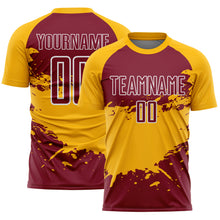 Laden Sie das Bild in den Galerie-Viewer, Custom Gold Crimson-White Splash Color Block Sublimation Soccer Uniform Jersey
