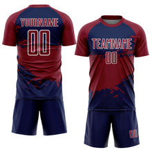 Laden Sie das Bild in den Galerie-Viewer, Custom Crimson Navy-White Splash Color Block Sublimation Soccer Uniform Jersey
