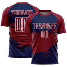 Laden Sie das Bild in den Galerie-Viewer, Custom Crimson Navy-White Splash Color Block Sublimation Soccer Uniform Jersey
