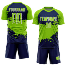Загрузить изображение в средство просмотра галереи, Custom Neon Green Navy-White Splash Color Block Sublimation Soccer Uniform Jersey
