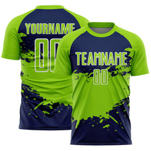 Загрузить изображение в средство просмотра галереи, Custom Neon Green Navy-White Splash Color Block Sublimation Soccer Uniform Jersey
