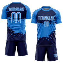 Load image into Gallery viewer, Custom Powder Blue Navy-White Splash Color Block Sublimation Soccer Uniform Jersey
