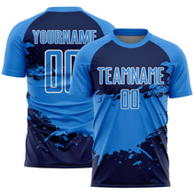 Load image into Gallery viewer, Custom Powder Blue Navy-White Splash Color Block Sublimation Soccer Uniform Jersey
