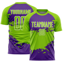 Charger l'image dans la galerie, Custom Neon Green Purple-White Splash Color Block Sublimation Soccer Uniform Jersey
