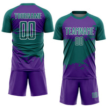 Laden Sie das Bild in den Galerie-Viewer, Custom Teal Purple-White Splash Color Block Sublimation Soccer Uniform Jersey
