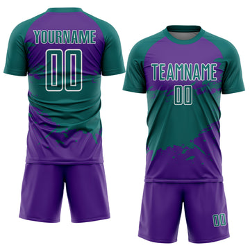 Custom Teal Purple-White Splash Color Block Sublimation Soccer Uniform Jersey