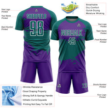 Laden Sie das Bild in den Galerie-Viewer, Custom Teal Purple-White Splash Color Block Sublimation Soccer Uniform Jersey
