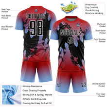 Load image into Gallery viewer, Custom Red Black Light Blue-White Gradient Splash Sublimation Soccer Uniform Jersey
