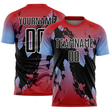 Load image into Gallery viewer, Custom Red Black Light Blue-White Gradient Splash Sublimation Soccer Uniform Jersey
