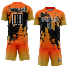 Charger l'image dans la galerie, Custom Orange Black Old Gold-White Gradient Splash Sublimation Soccer Uniform Jersey
