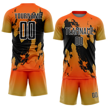 Custom Orange Black Old Gold-White Gradient Splash Sublimation Soccer Uniform Jersey