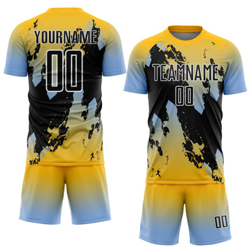 Custom Gold Black Light Blue-White Gradient Splash Sublimation Soccer Uniform Jersey