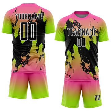 Custom Pink Black Neon Green-White Gradient Splash Sublimation Soccer Uniform Jersey
