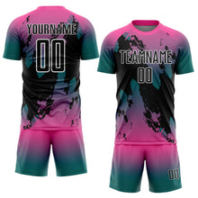 Загрузить изображение в средство просмотра галереи, Custom Pink Black Teal-White Gradient Splash Sublimation Soccer Uniform Jersey
