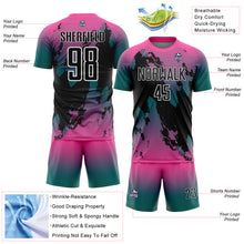 Загрузить изображение в средство просмотра галереи, Custom Pink Black Teal-White Gradient Splash Sublimation Soccer Uniform Jersey
