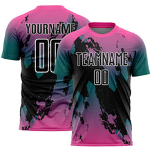 Загрузить изображение в средство просмотра галереи, Custom Pink Black Teal-White Gradient Splash Sublimation Soccer Uniform Jersey
