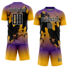 Charger l'image dans la galerie, Custom Purple Black Gold-White Gradient Splash Sublimation Soccer Uniform Jersey
