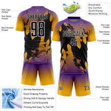 Charger l'image dans la galerie, Custom Purple Black Gold-White Gradient Splash Sublimation Soccer Uniform Jersey
