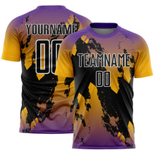 Charger l'image dans la galerie, Custom Purple Black Gold-White Gradient Splash Sublimation Soccer Uniform Jersey
