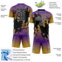 Charger l'image dans la galerie, Custom Purple Black Old Gold-White Gradient Splash Sublimation Soccer Uniform Jersey
