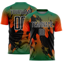 Charger l'image dans la galerie, Custom Kelly Green Black Orange-White Gradient Splash Sublimation Soccer Uniform Jersey
