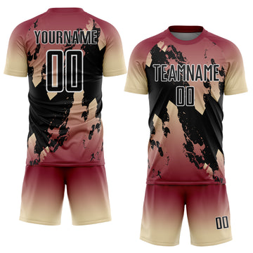 Custom Crimson Black Cream-White Gradient Splash Sublimation Soccer Uniform Jersey