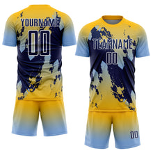 Загрузить изображение в средство просмотра галереи, Custom Gold Navy Light Blue-White Gradient Splash Sublimation Soccer Uniform Jersey
