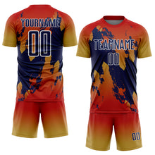 Charger l'image dans la galerie, Custom Red Navy Old Gold-White Gradient Splash Sublimation Soccer Uniform Jersey

