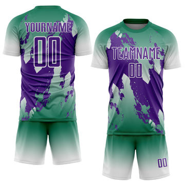 Custom Kelly Green Purple-White Gradient Splash Sublimation Soccer Uniform Jersey