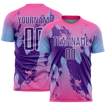 Custom Pink Purple Light Blue-White Gradient Splash Sublimation Soccer Uniform Jersey