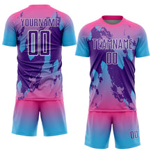 Laden Sie das Bild in den Galerie-Viewer, Custom Pink Purple Sky Blue-White Gradient Splash Sublimation Soccer Uniform Jersey
