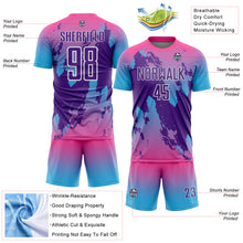 Laden Sie das Bild in den Galerie-Viewer, Custom Pink Purple Sky Blue-White Gradient Splash Sublimation Soccer Uniform Jersey
