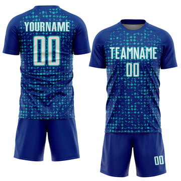 Custom Royal White-Aqua Digital Geometric Fragment Speckles Sublimation Soccer Uniform Jersey