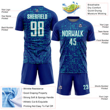 Load image into Gallery viewer, Custom Royal White-Aqua Digital Geometric Fragment Speckles Sublimation Soccer Uniform Jersey
