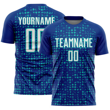 Custom Royal White-Aqua Digital Geometric Fragment Speckles Sublimation Soccer Uniform Jersey