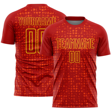 Custom Red Gold-Orange Digital Geometric Fragment Speckles Sublimation Soccer Uniform Jersey