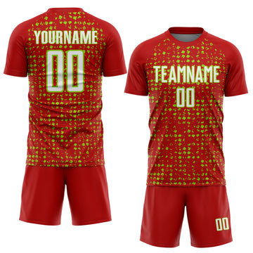Custom Red White-Neon Green Digital Geometric Fragment Speckles Sublimation Soccer Uniform Jersey