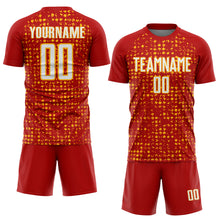 Загрузить изображение в средство просмотра галереи, Custom Red White-Gold Digital Geometric Fragment Speckles Sublimation Soccer Uniform Jersey
