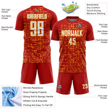 Загрузить изображение в средство просмотра галереи, Custom Red White-Gold Digital Geometric Fragment Speckles Sublimation Soccer Uniform Jersey
