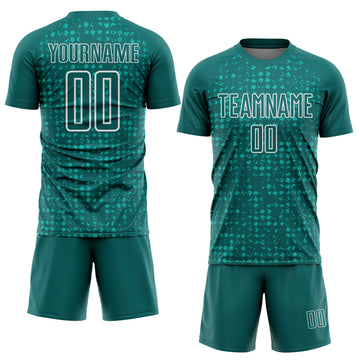 Custom Teal White-Aqua Digital Geometric Fragment Speckles Sublimation Soccer Uniform Jersey