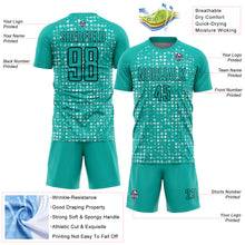 Загрузить изображение в средство просмотра галереи, Custom Aqua Black-White Digital Geometric Fragment Speckles Sublimation Soccer Uniform Jersey
