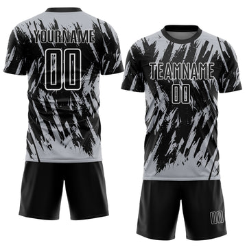 Custom Black Gray-White Splatter Torn Sharp Brush Stroke Sublimation Soccer Uniform Jersey