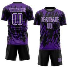Laden Sie das Bild in den Galerie-Viewer, Custom Black Purple-White Splatter Torn Sharp Brush Stroke Sublimation Soccer Uniform Jersey
