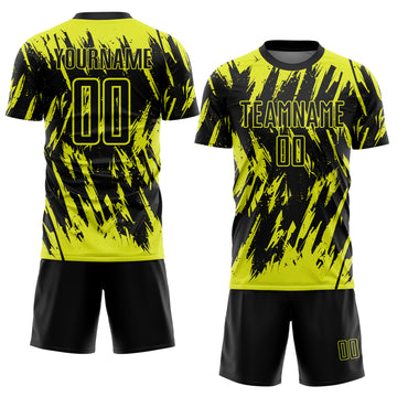 Custom Black-Neon Yellow Splatter Torn Sharp Brush Stroke Sublimation Soccer Uniform Jersey