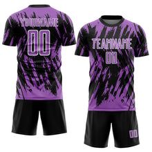 Laden Sie das Bild in den Galerie-Viewer, Custom Black Medium Purple-White Splatter Torn Sharp Brush Stroke Sublimation Soccer Uniform Jersey
