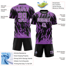 Laden Sie das Bild in den Galerie-Viewer, Custom Black Medium Purple-White Splatter Torn Sharp Brush Stroke Sublimation Soccer Uniform Jersey
