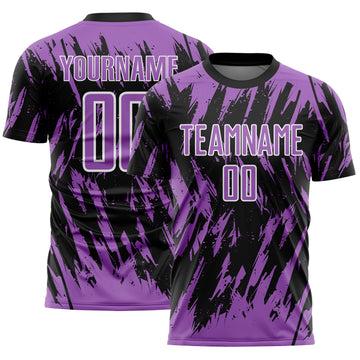 Custom Black Medium Purple-White Splatter Torn Sharp Brush Stroke Sublimation Soccer Uniform Jersey
